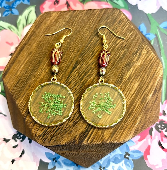 Pressed Flower Resin Earrings: Czech Glass Tulip Dangles, Gold Hematite, Hypoallergenic