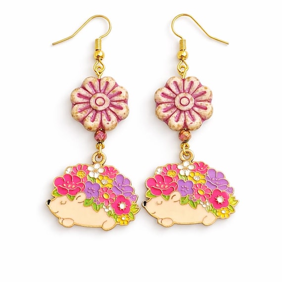 Enchanted Hedgehog Earrings | Floral Garden Czech Glass Jewelry