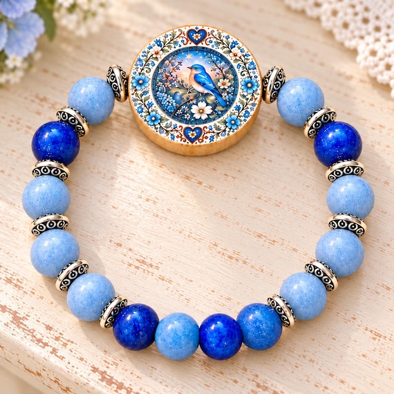 Bluebird Garden Blessing Bracelet, Angelite and Blue Aventurine Bracelet, Bluebird Jewelry, Reiki Infused Gemstone Bracelet