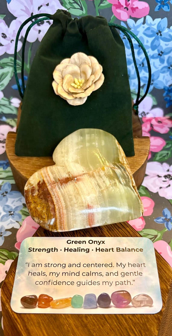 Green Onyx Heart Crystal • Reiki-Infused Gift with Velvet Flower Pouch