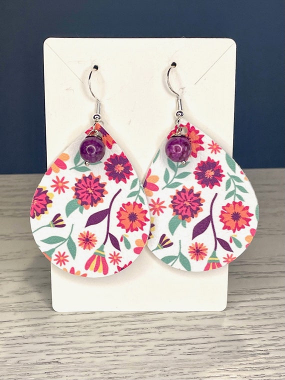 Gemstone Earrings - Purple Jasper Crystal Healing, Floral Earrings