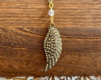 Clear Quartz Angel Wing Necklace: Bronze Rhinestone Pendant