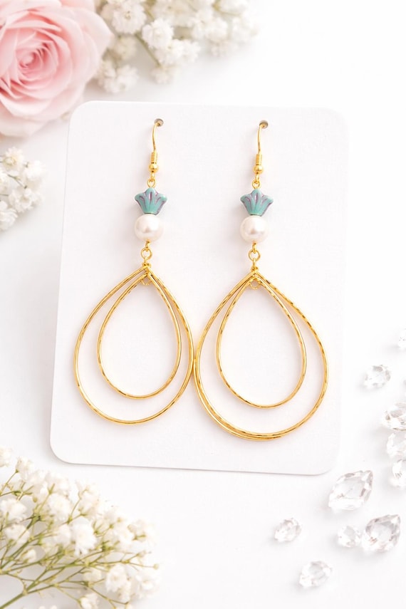 Golden Lumina Pearl Teardrop Earrings – Gold Statement Dangles, Shell Pearl, Czech Glass
