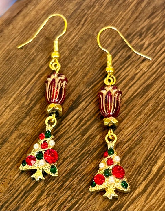 Holiday Tulip Tree Sparkle Earrings – Red & Gold Czech Glass with Golden Hematite, Enamel Christmas Tree Charms – Hypoallergenic