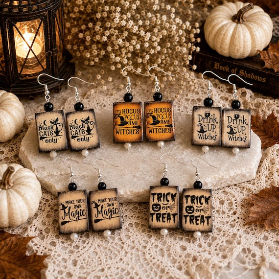 Halloween Witchy Wood Earrings • Choose Your Design • Black Onyx Gemstones • Hypoallergenic Surgical Stainless Steel Earrings • Handmade