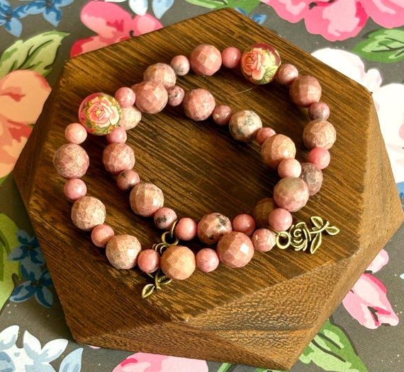 Rhodonite Gemstone Bracelet: Japanese Rose Bead & Bronze Charm, Reiki-Infused
