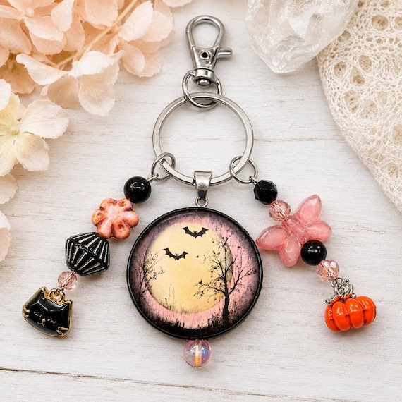 Twilight Bat Flight Gemstone Purse Charm Keychain • Black Obsidian & Black Onyx • Handmade Double-Sided Wood Halloween Charm • Bag Charm
