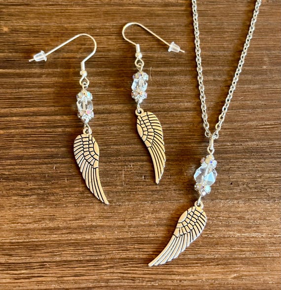 Gemstone Pendant Necklace / Earrings - Clear Quartz Crystal Healing, Angelic Wings