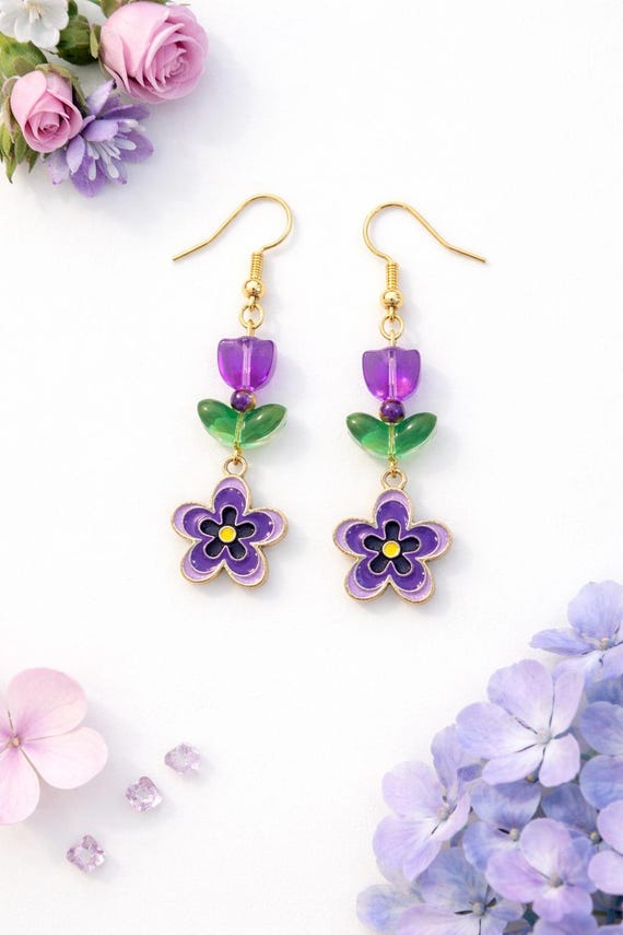 Enchanted Violet Tulip Drop Earrings – Purple Glass Flowers, Rainbow Hematite, Gold Stainless Steel