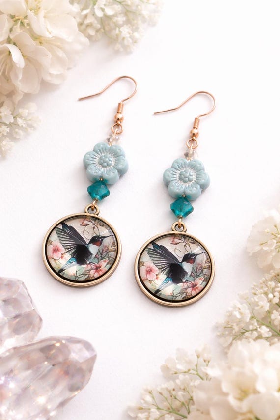 Hummingbird Blossom Earrings – Apatite Gemstone Dangle – Rose Gold Surgical Steel – Boho Nature Jewelry