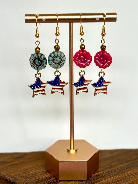 Star Spangled Blossoms – Gold Hematite, Patriotic Floral Star Earrings | Red or Blue