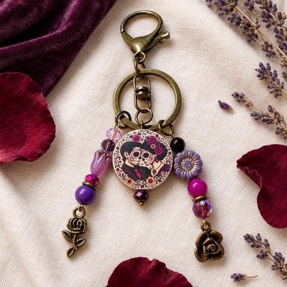Amor Eterno Enchantment Purse Charm Keychain | Sugilite Onyx Purple Jade | Day of the Dead Floral Bag Charm | Handmade Gift