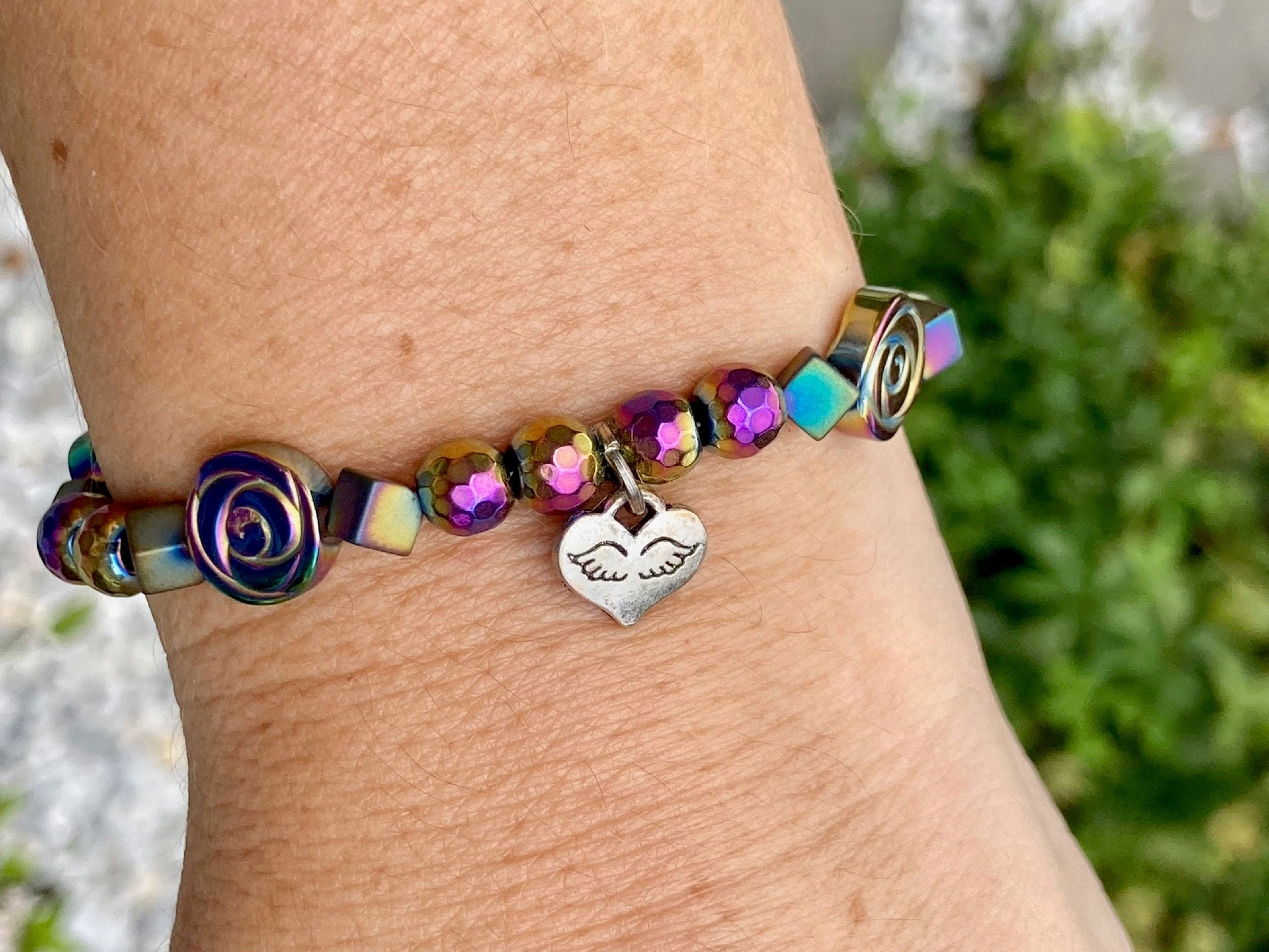 Gemstone Bracelet Titanium Rainbow Hematite Healing Bracelets for