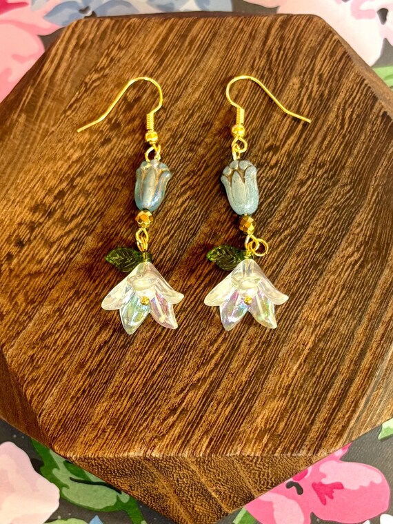 Fairy Bells Earrings – Czech Glass Tulips, Gold Hematite, Lily of the Valley Flowers – 2.25” Hypoallergenic Stainless Steel