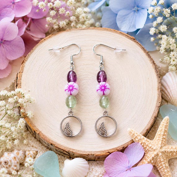 Butterfly Garden Whisper Earrings | Fluorite Gemstone Earrings | Czech Glass Flower Earrings | Butterfly Wing Charm | Hypoallergenic
