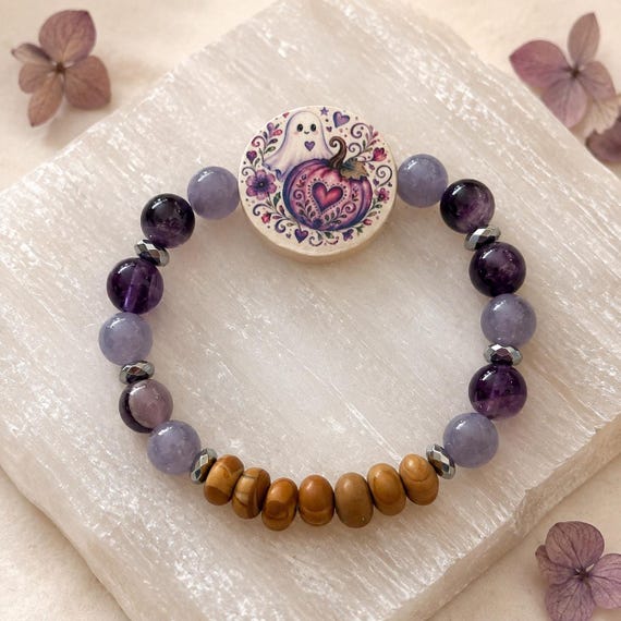 Moonberry Pumpkin Wish Bracelet, Amethyst, Hematite, & Tanzanian Lepidolite, Double-Sided Ghost Pumpkin Focal, Halloween Gemstone Jewelry