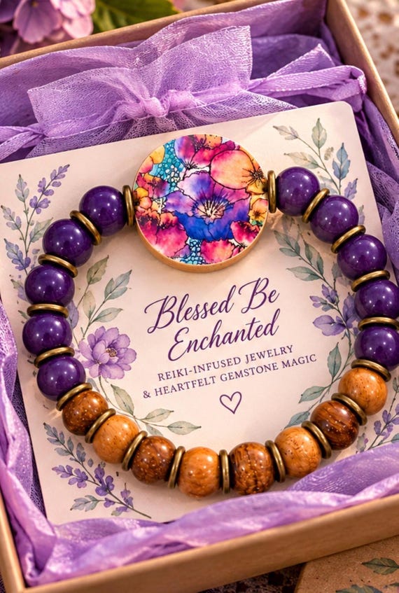 Purple Jade Gemstone Bracelet, Wildflower Artisan Wood Bracelet, Purple Floral Jewelry, Boho Wood Bead Bracelet, Reiki Infused Gift