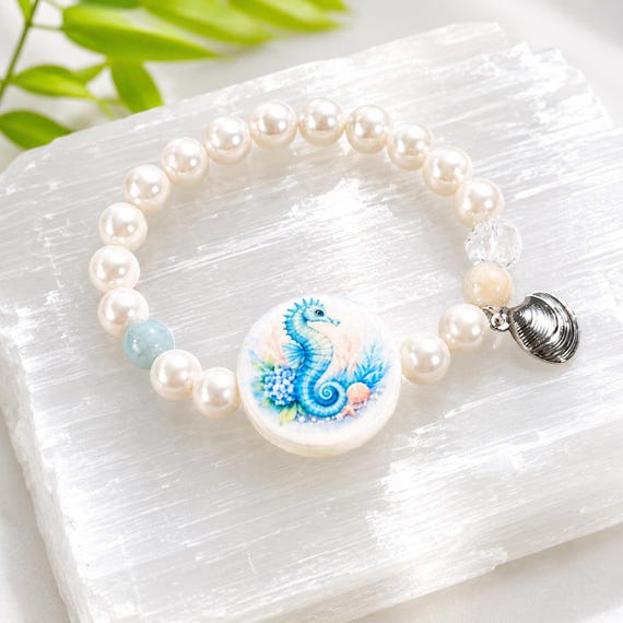 Seahorse Serenity Bracelet • Coastal Gemstone Jewelry • Pearl Shell Bracelet • Beachy Seahorse Charm • Reiki Infused Ocean Jewelry