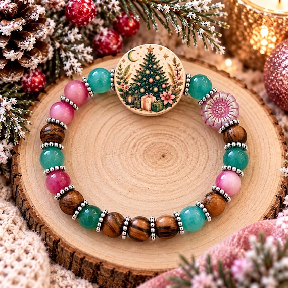 Enchanted Evergreen & Pink Wishes Gemstone Bracelet | Christmas Tree Jewelry | Green Aventurine Pink Jade | Handmade Holiday Gift