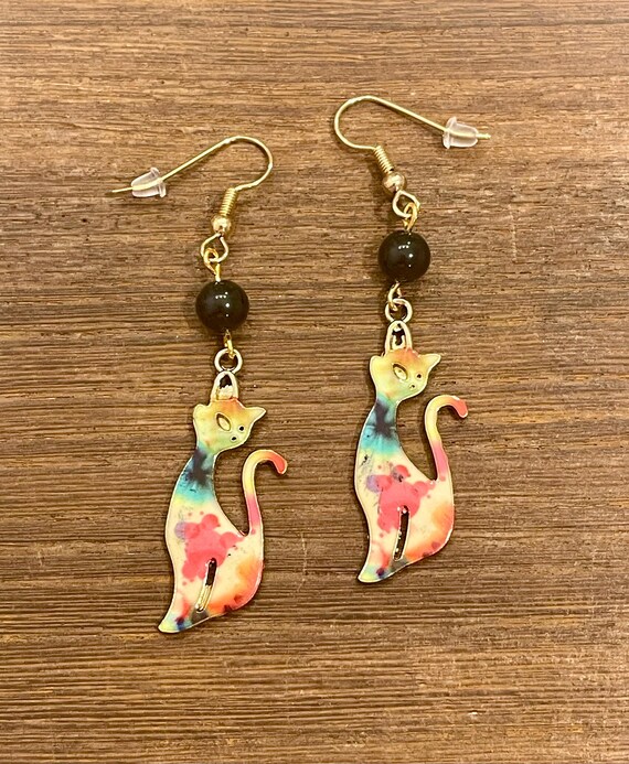 Gemstone Earrings - Black Obsidian Crystal Healing, Colorful Cats