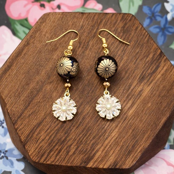 Golden Chrysanthemum Grace Earrings | Japanese Tensha | Gold Hematite | CZ Flower Dangles | Hypoallergenic Gold Earrings