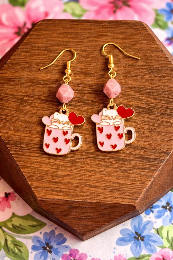 Rhodonite Cat Earrings | Valentine Kitty Charm Drops | Heart Healing Gemstone Jewelry | Hypoallergenic Gold Tone