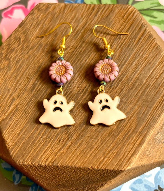 Ghost Charm Dangle Earrings: Pink Czech Glass Flowers, Rainbow Hematite