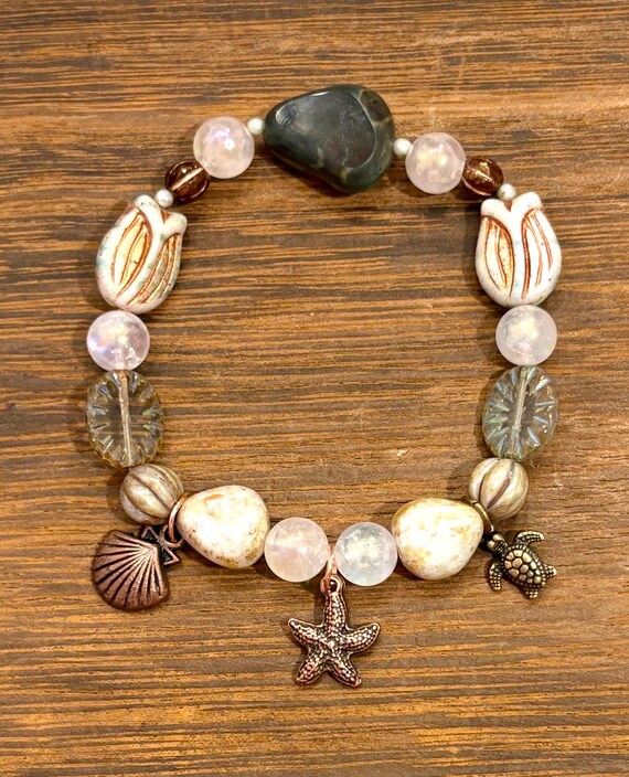 Gemstone Bracelet - Hematite/ Mystic Rose Quartz Crystal Healing Bracelets, Tide and Terra Blessings, Jersey Shore Collection