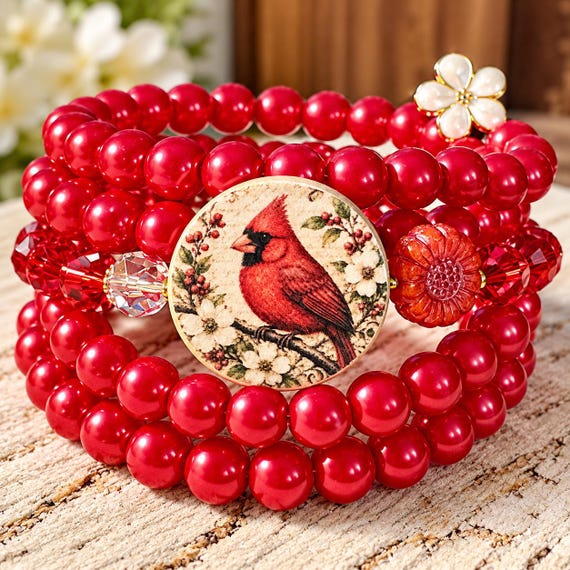 Cardinal’s Winter Blessing Wrap Bracelet | Clear Quartz Crystal Jewelry | Red Cardinal Bracelet | Christmas Winter Jewelry | Gift for Her