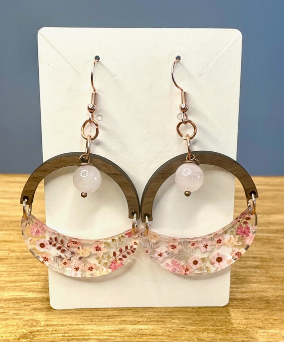 Gemstone Earrings - Rose Quartz Crystal Healing, Pink Floral Earrings