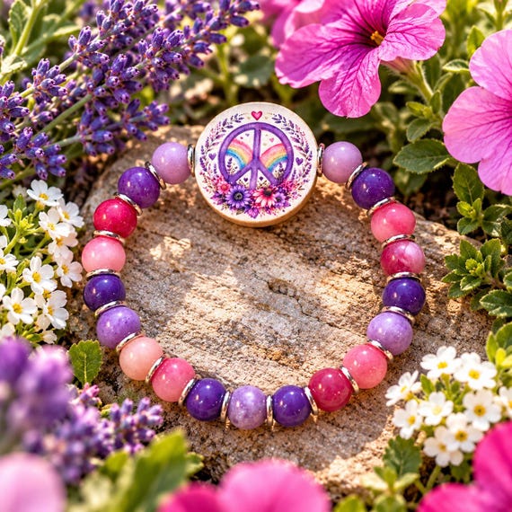 Peace Blooms Within Gemstone Bracelet | Lepidolite Purple Jade Pink Red Jade | Peace Sign Bracelet | Boho Flower Jewelry