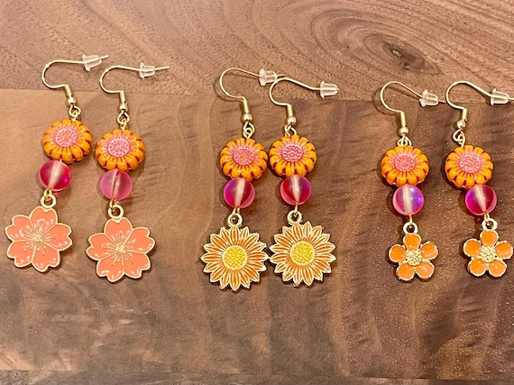 Gemstone Earrings - Mystic Aura Quartz Crystal Healing, Funky Flower Jewelry
