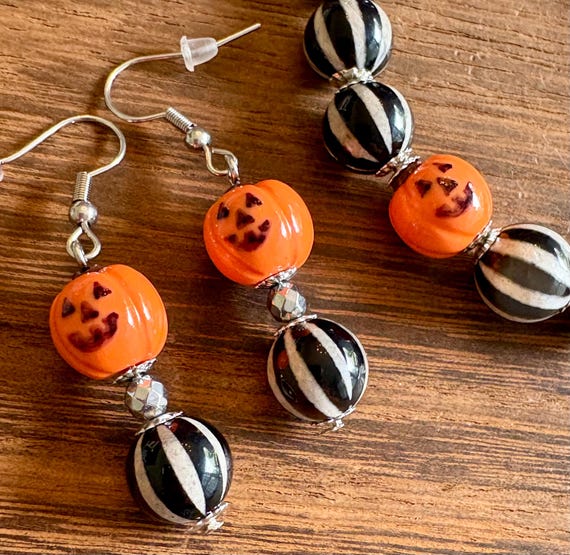 Halloween Pumpkin Dzi Agate Earrings: Polymer Clay & Silver Hematite