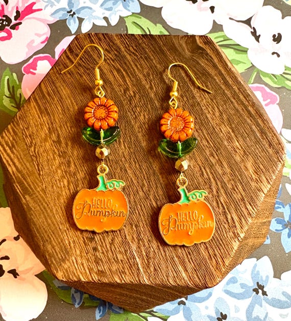 Pumpkin Patch Radiance Earrings – Fall Earrings with Czech Glass Sunflowers, Green Leaves & “Hello Pumpkin” Charm – Gold Hematite – Autumn