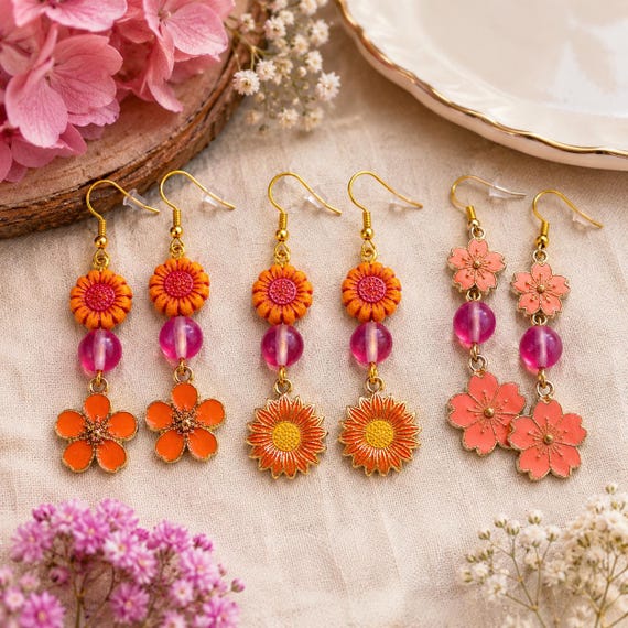 Enchanted Blossom Radiance Earrings • Mystic Aura Quartz Gemstones • Czech Glass Sunflower Beads • Choice of 3 Enamel Flower Designs