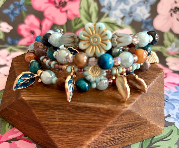 Czech Glass Flower & Tiger's Eye Wrap Bracelet - Reiki Infused
