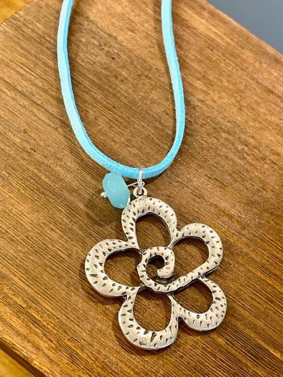 Gemstone Pendant Necklace - Blue Chalcedony Crystal Healing Jewelry, Flower