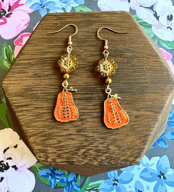 Golden Harvest Blossoms – Pumpkin Charm Earrings with Czech Glass Flowers and Hematite | Autumn Jewelry | Fall Earrings | Handmade Gift
