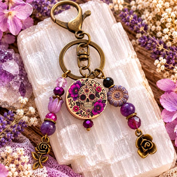 Sugar Rose Enchantment Gemstone Purse Charm, Sugar Skull Keychain, Purple Jade Sugilite Black Onyx, Floral Bag Charm, Gift for Her