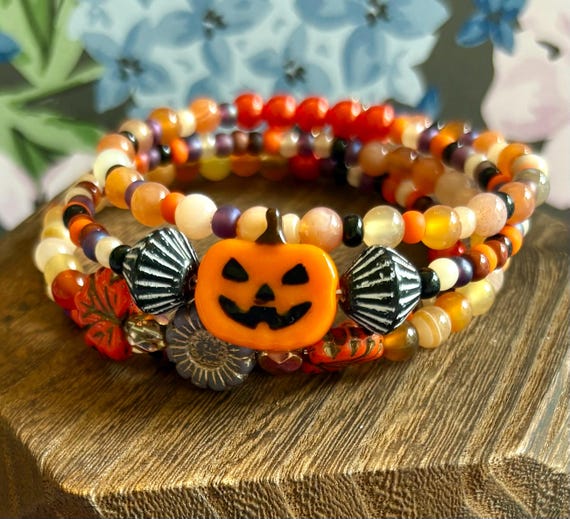 Autumn Gemstone Wrap Bracelet: Pumpkin, Black Cat Charms