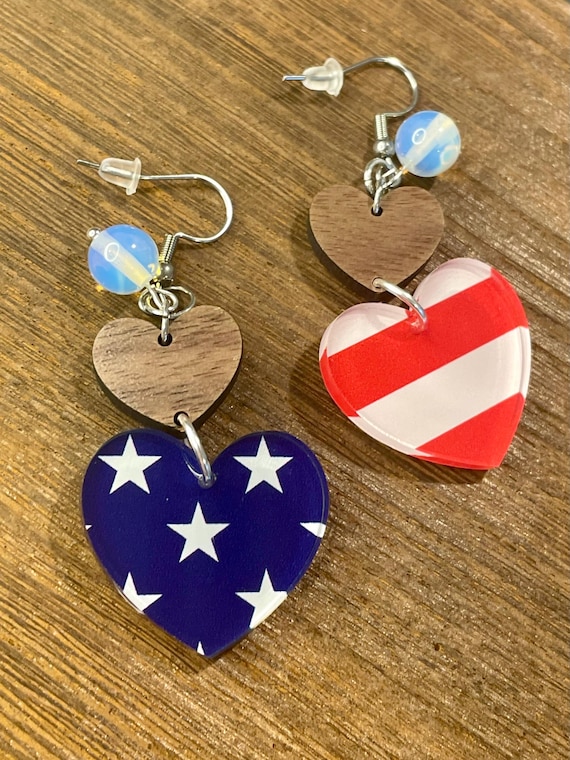 Gemstone Earrings - Opalite Crystal Healing, Patriotic, Red/White/Blue Patriotic Heart Earrings