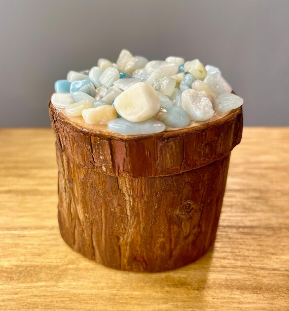 Amazonite Crystal and Natural Wood Gem Box, Ring Box