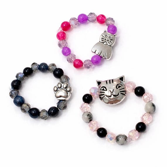 Gemstone Cat Lover Ring Trio – Onyx, Jade, Zebra Jasper Stack with Charms