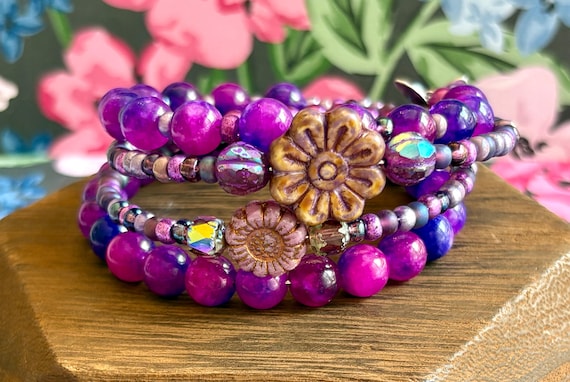 Sugilite Butterfly Wrap Bracelet: Czech Glass Flowers & Silver Charms