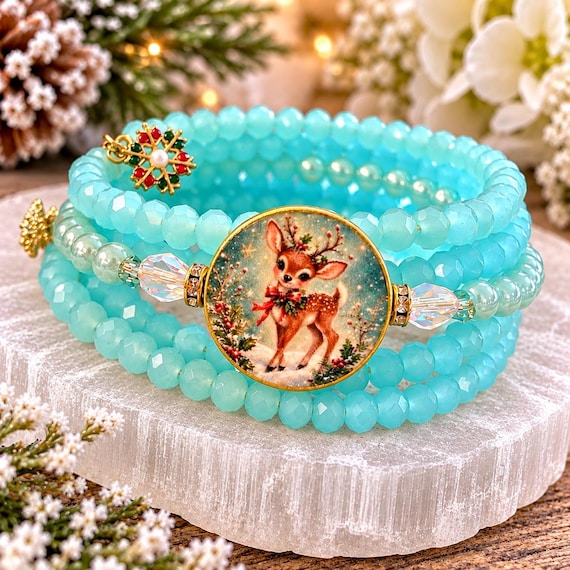 Winter's Enchanted Reindeer Dreams Coil Wrap Bracelet, Hematite, Christmas Gemstone Jewelry, Aqua Blue Holiday Bracelet, Snowflake Charms
