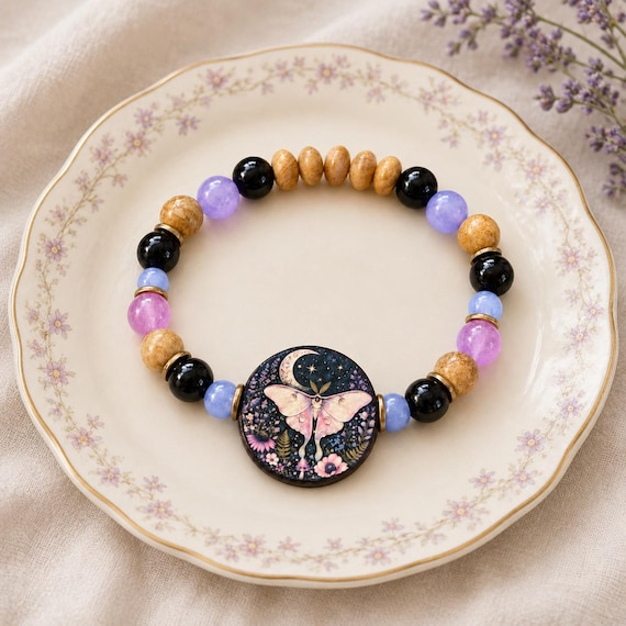 Luna Beauty Moth Bracelet, Petrified Wood, Blue Chalcedony, Jade & Black Onyx, Artisan Wood Focal, Mystical Jewelry