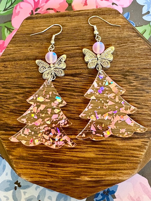 Handmade Butterfly Earrings: Mystic Aura Quartz & Glitter Christmas Trees