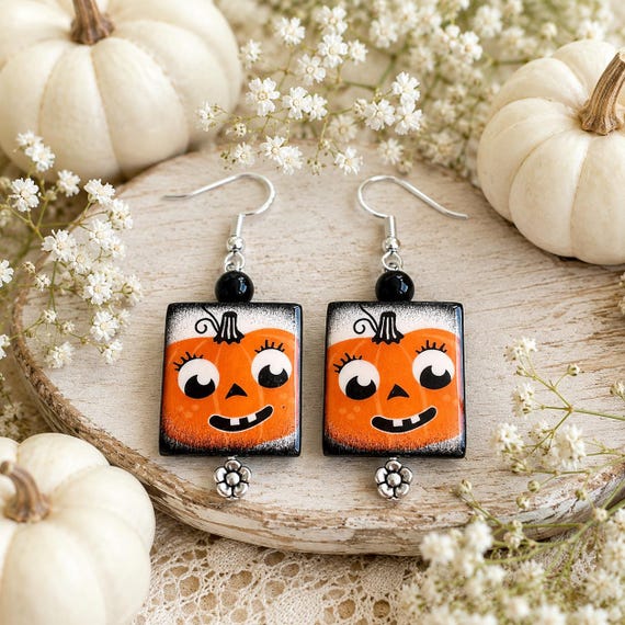Pippa Pumpkin’s Harvest Smile Earrings - Black Onyx Gemstone Earrings, Whimsical Halloween Jewelry, Handmade Double-Sided Artisan Wood Bead