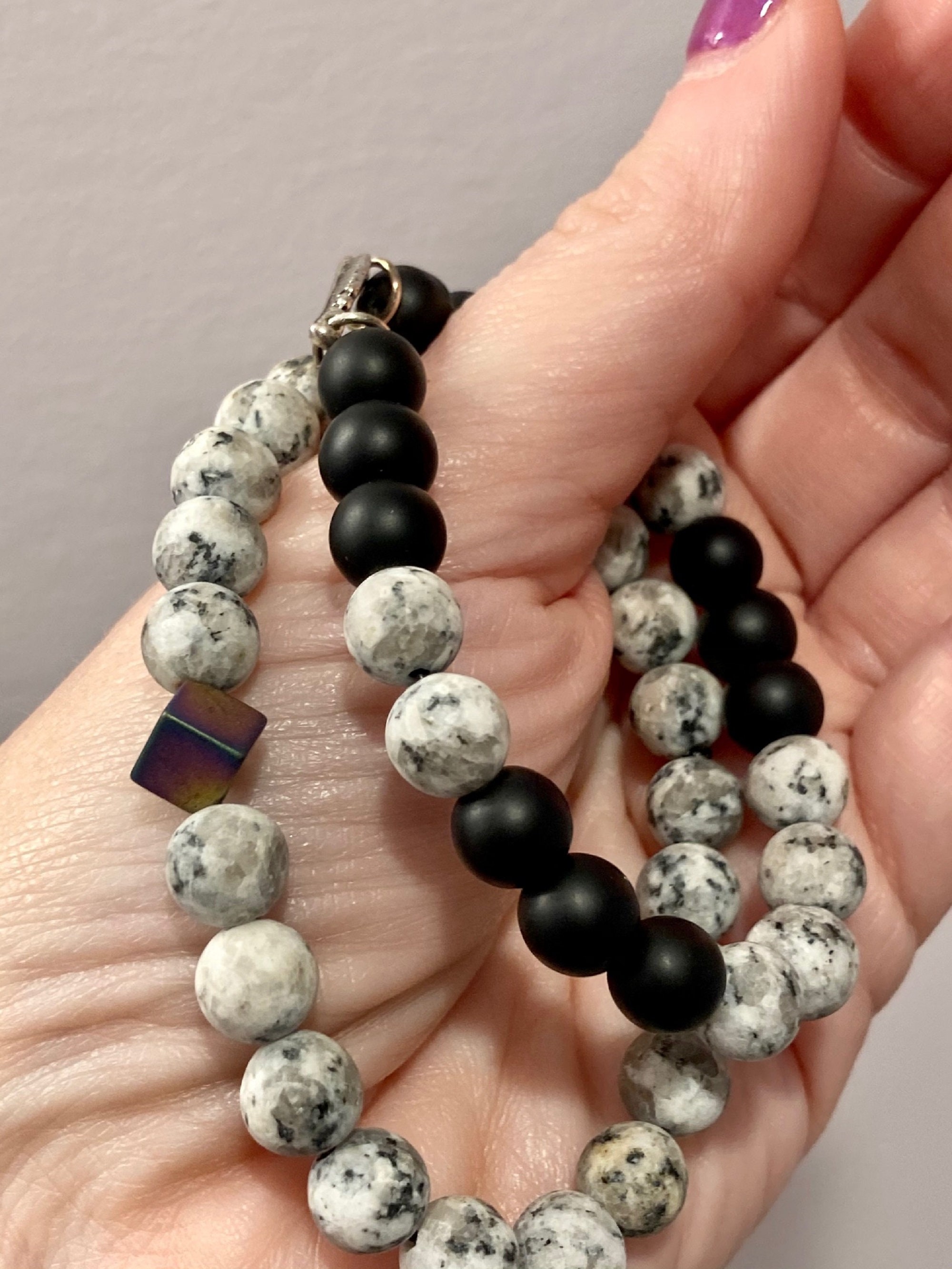 Gemstone Bracelet Gray Spotted Jasper / Onyx / Hematite Healing Bracelets