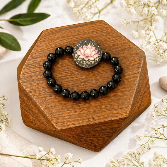 Lotus Rising Onyx Gemstone Bracelet • Handmade Artisan Lotus Wood Bead • Black Onyx Healing Bracelet • Stretch to Fit • Spiritual Jewelry
